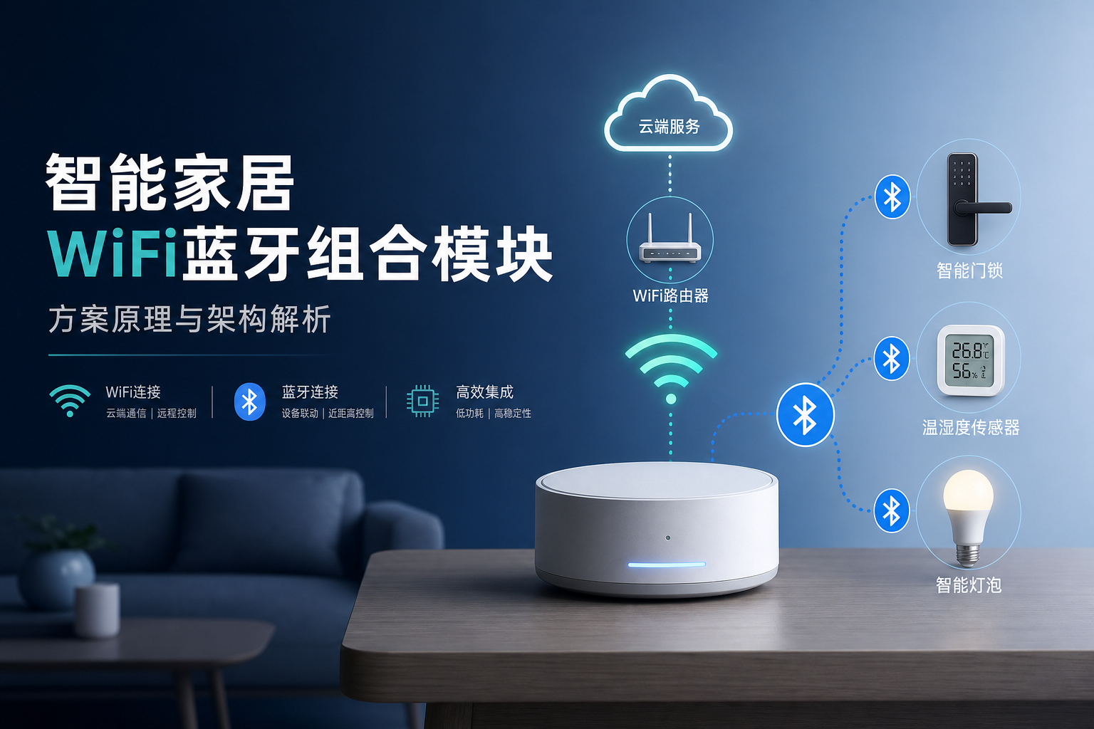 WiFi蓝牙模块如何让智能家居真正"聪明"起来?模块原理与网关方案解析 1 智能家居WIFI蓝牙组合模块场景方案解析