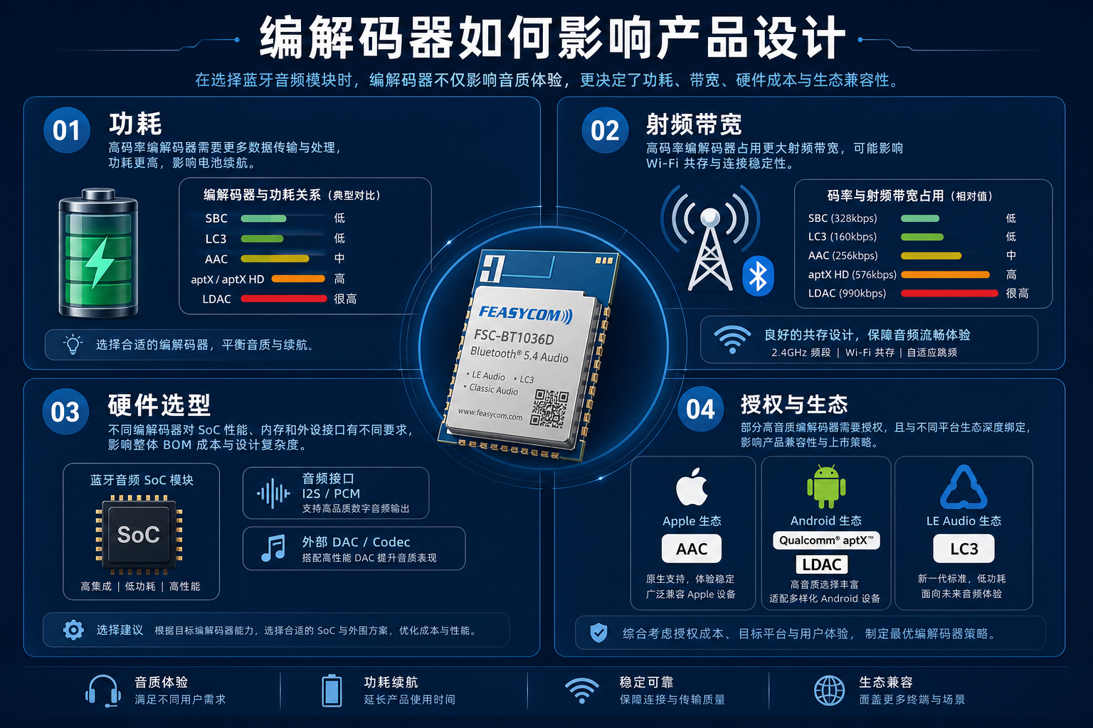 蓝牙音频编解码器:如何根据应用场景选择最佳音质方案 3 蓝牙音频编解码器对功耗射频带宽硬件选型授权生态的产品设计影响示意图