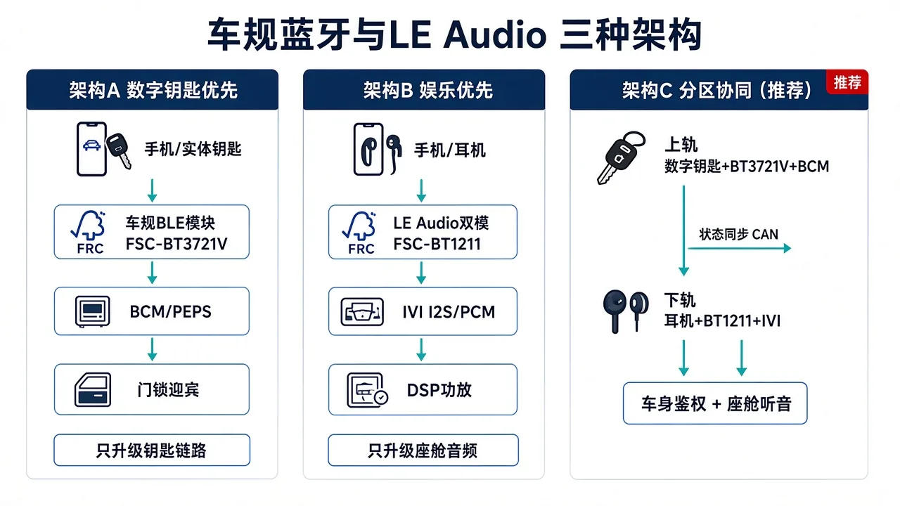 一辆车上的两套蓝牙:车规 BLE 数字钥匙 × LE Audio 座舱方案 1 车规BLE与LE Audio三种座舱架构对比:数字钥匙优先、娱乐优先与分区协同