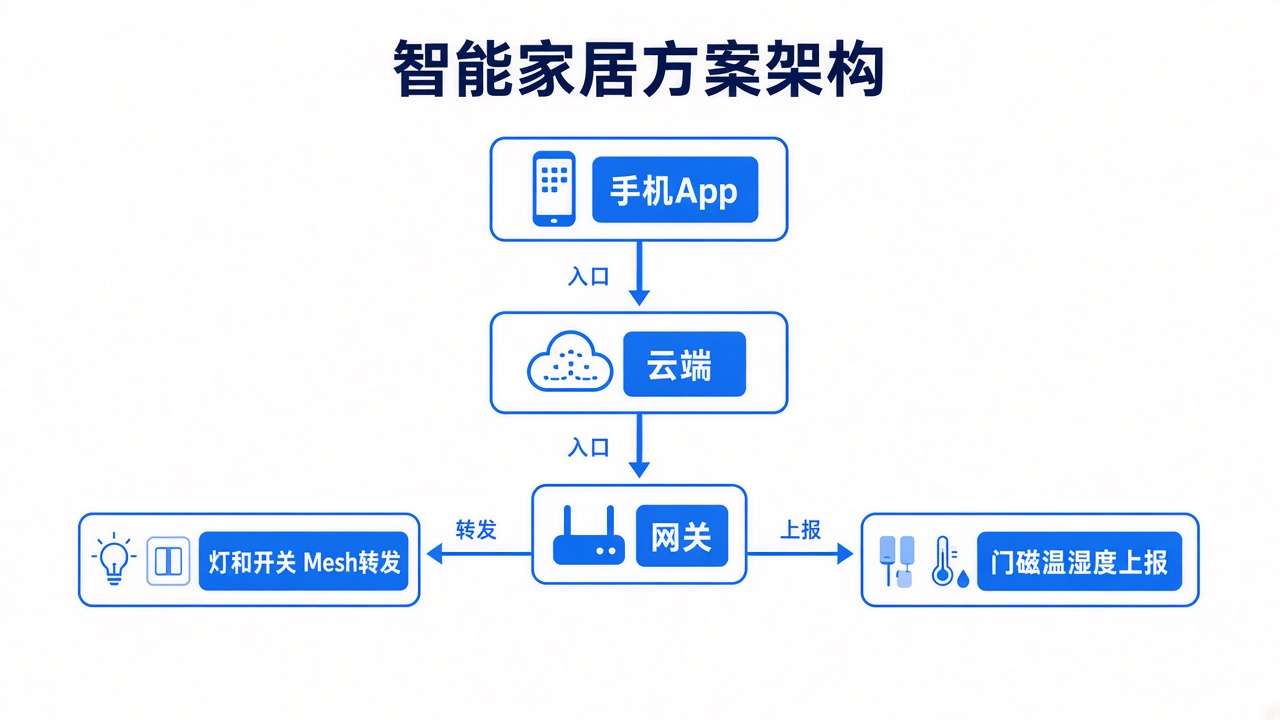 样板间能亮、整层不亮?蓝牙Mesh智能家居方案这样拆 3 方案三层:手机与云、网关入口、灯开关转发和门磁上报