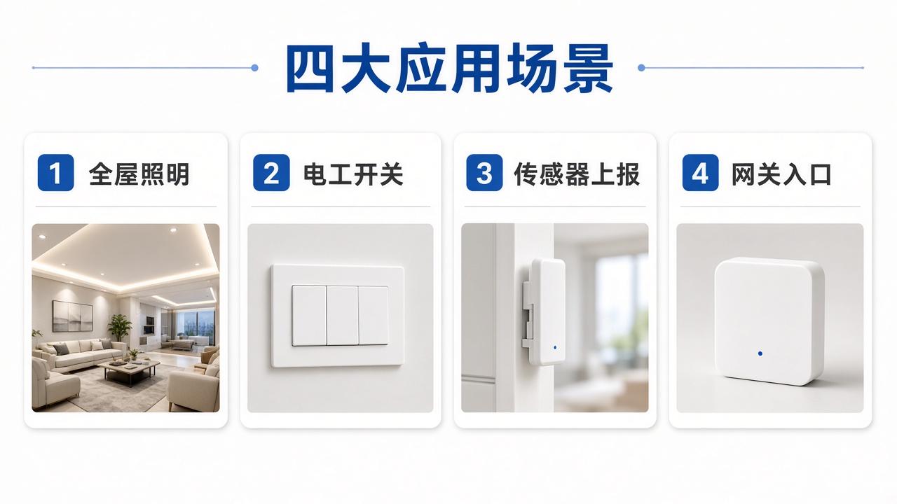 样板间能亮、整层不亮?蓝牙Mesh智能家居方案这样拆 4 四个场景:照明、电工开关、传感器、网关入口