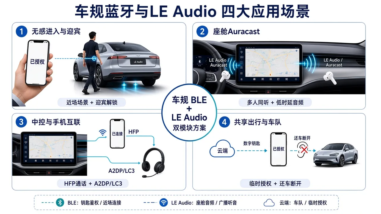 一辆车上的两套蓝牙:车规 BLE 数字钥匙 × LE Audio 座舱方案 2 车规蓝牙与LE Audio四大应用场景:无感进入、Auracast、中控互联与共享出行
