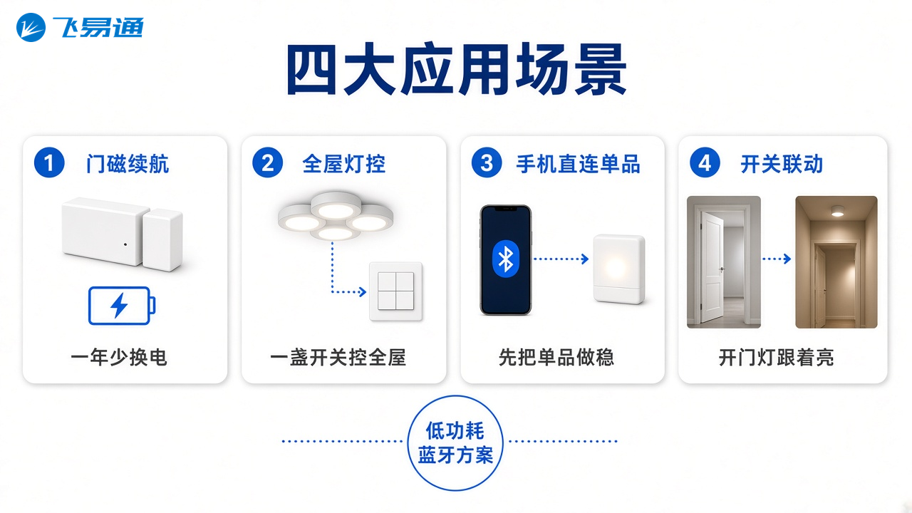 智能家居低功耗蓝牙怎么做:门磁少换电,灯能全屋控 4 四大应用场景:门磁续航、全屋灯控、手机直连、开关联动